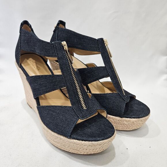 Michael Kors Womens Denim Woven Wedge Sandals Size 8 Zip Accents Boho Summer - Picture 1 of 15